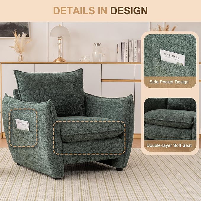 Oversized Accent Chair Modern Single Sofa Cloud Chairs with Removable Pillow Deep Seat Comfy Armchair for Living Room Bedroom Reading Nook - Upholstered Lounge Chair (Green)