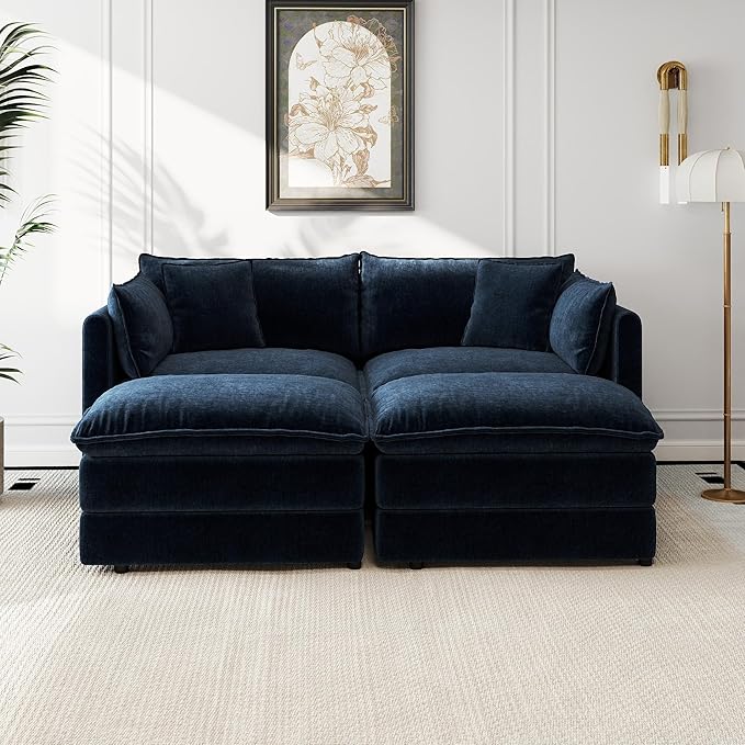 Aoowow Modular Sectional Sofa Modern Convertible Loveseat Couch77.16 Inch Deep 2-Seater Sofas Comfy Chenille Cloud Sofas and Couches Set with 2 Movable Ottoman for Living Room Apartment（Blue）