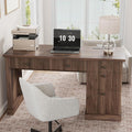 GarveeHome 54 Home Office Desk Fluted Executive Desk with File Drawers Wooden Computer Desk with Charging Station for Study Room-Brown