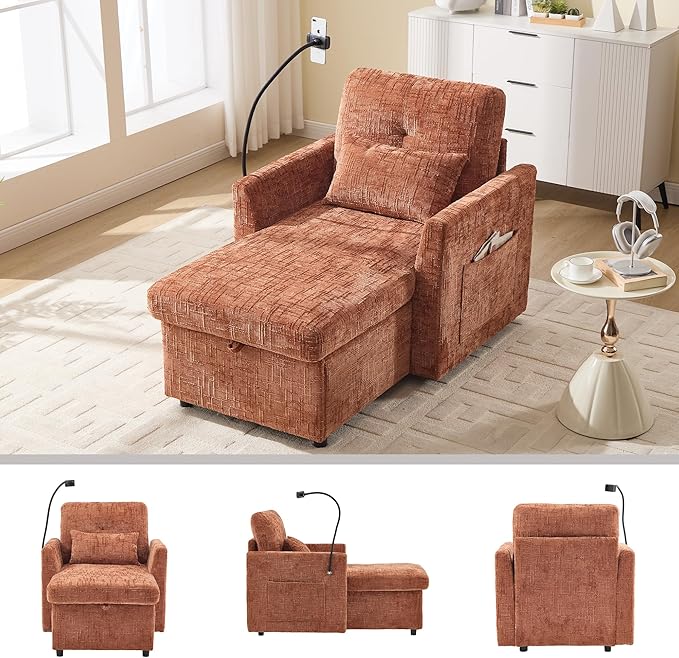 32 Comfy Chaise Lounge Sofa Bed Chair with Storage Side Pockets Phone Holder &amp 2 Pillows Modern Chenille Upholstered Sleeper Sofa Leisure Chair for Living Room Bedroom Small Spaces (Orange)