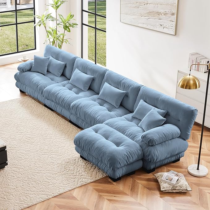 Modular Sectional Sofa 173.2 Oversized L Shaped Couch with 6 Pillows Chenille Deep Seat Soft Sofa Couches Comfy Cloud Couch for Living Room (Blue 4 Seat + 1 Ottoman)