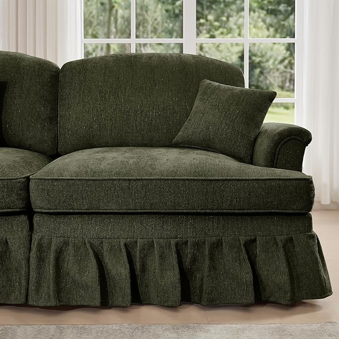 Casaphoria Mid-Century Modern Oversized Loveseat Sofa 2-Seater Chenille Couch with Removable Ruffle Skirt Flared Arms Spindle Legs &amp Throw Pillow for Living Room Apartment