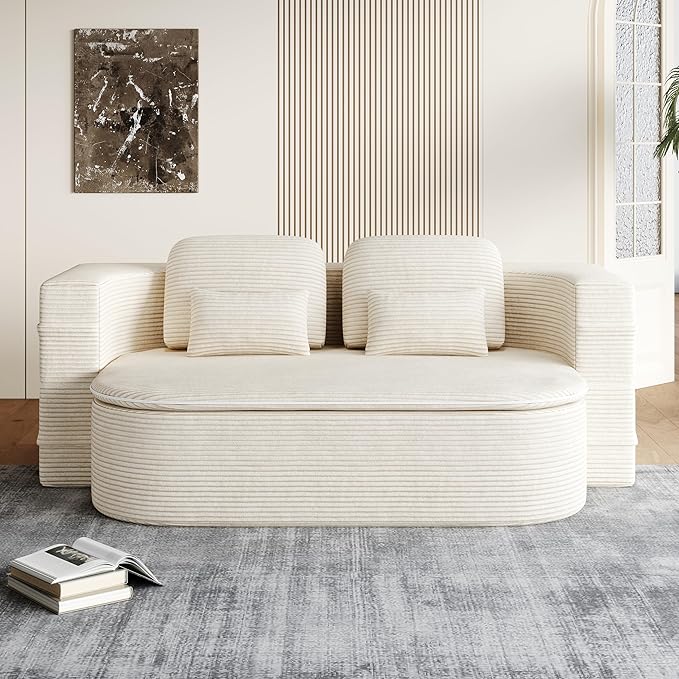 Convertible Folding Futon Sofa Bed 2-in-1 Corduroy Love seat Sleeper Sofa with Functional Blanket Foldable Full Size Guest Couch Bed with 4 Soft Pillows for Living Room (Beige)
