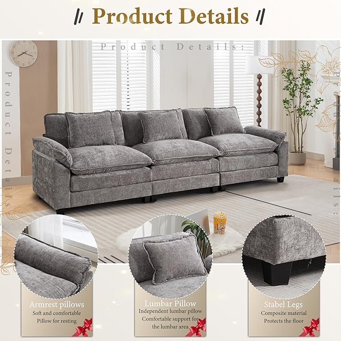 URRED Modular Sectional Sofa Comfy Cloud Couch Modern Chenille Sofa Sleeper Deep Seat Couches with Ottoman/Pillows for Living Room (Gray 117'')