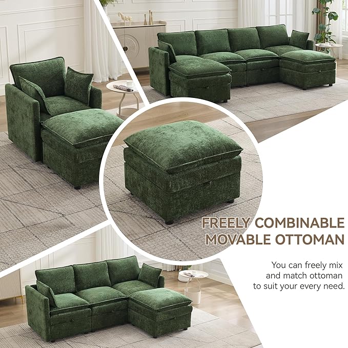 27 Large Square Ottoman with Storage Modern Upholstered Footrest with Anti-Slip Legs for Couch Coffee Table Living Room Bedroom Entryway Chenille Green