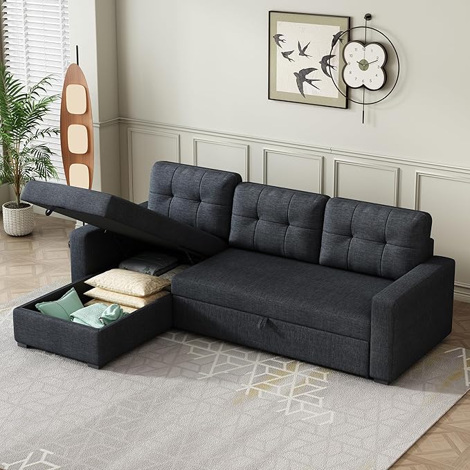 L-Shape Reversible Sectional Sleeper Sofa Bed 4 in 1 Pull Out Couch with Storage Chaise &amp Removable Back CushionsConvertible Sleeper Corner Couch Pull-Out Sofa Bed for Living RoomOffice