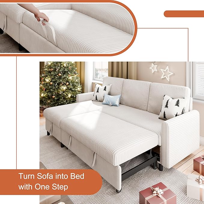 Sofa Bed Sleeper Pull Out 2 in 1 Sectional Sleeper Sofa Couches with Storage Pullout Sectional Couches for Apartment Living RoomWhite