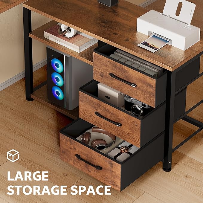 47 Inch L Shaped Standing Desk with 3 Drawers Electric Standing Desk with Storage Computer Desk Adjustable Height with Power Outlets 4 Memory Presets for Home Office Rustic Brown