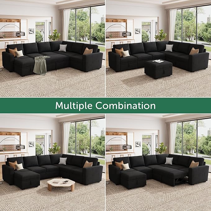HONBAY Modular Sectional Sleeper Sofa with Pull Out Bed L Shaped Couch with Storage Seat Modular Sectional Couches for Living Room - Black