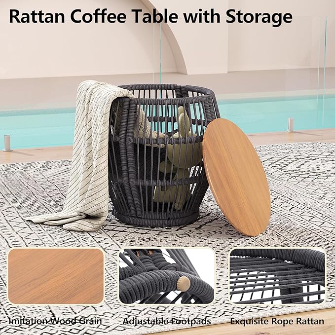 DAYRAUS Living Room Chairs Accent Chairs Set of 2 with Coffee Table Rattan Braid Arm Chair Comfy Reading Lounge Chair 3 Pieces Living Room Furniture Sets Bedroom Armchair for Outdoor Dark Gray