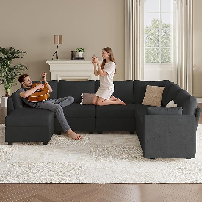 Modular Sectional Sofa Couches Large Convertible Modular Couches with Storage 7-Seater Sectional Sofa for Living Room U Shaped Sectional Couch Sleeper Sofa with Chaise (Black 7 Seats)
