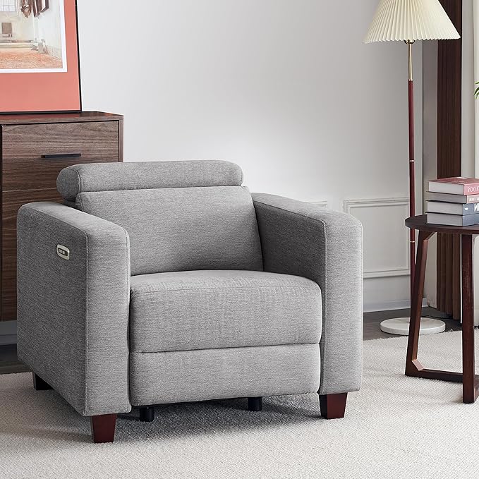 MCombo Zero Wall Recliner Chair Wall Hugger Power Recliner Chair with Adjustable Headrest High Wood Leg USB &amp Type C Dual Charge Ports for Living Room Small Spaces HL128 (Textile Grey)