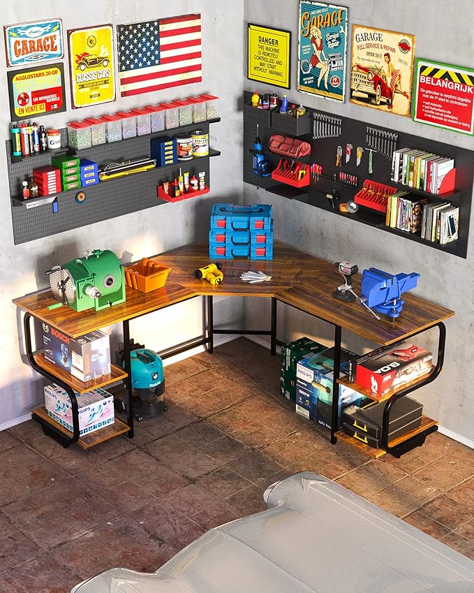 Teraves Modern L Shaped Desk with Shelves64.84 Computer/Gaming Desk for Home OfficeCorner Desk with Desktop (Teak+Black Frame Large+4 Tier Shelves)