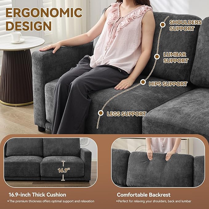 143.8 Modular Sectional Sofa Modern Chenille U Shaped Couch with Thickened Seat Cushions Easy Assembly Upholstered 6 Seater Couch with 2 Movable Ottomans for Living Room Grey