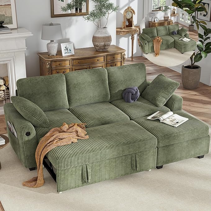 Hanherry 81 Sectional Couch with Pull Out Sofa BedCorduroy Sleeper Sofa with Storage Ottoman &amp USB ChargingComfy L Shaped Modular Couches for Living RoomApartment | USB charging port side poc