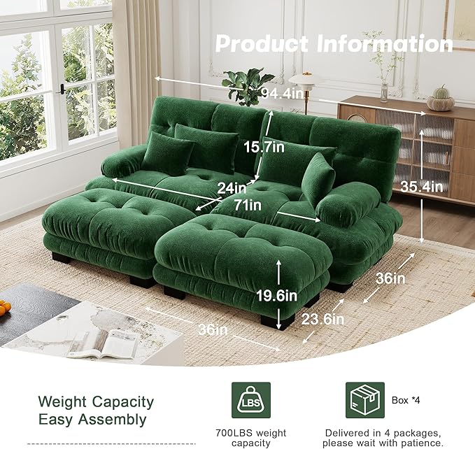94.4'' Loveseat Sectional Couch Sofa Memory Foam Chenille Cloud Sofa with Pillow Deep Seat Sectional Couch for Small Spaces Studio Apartment Game Room Small Living Room