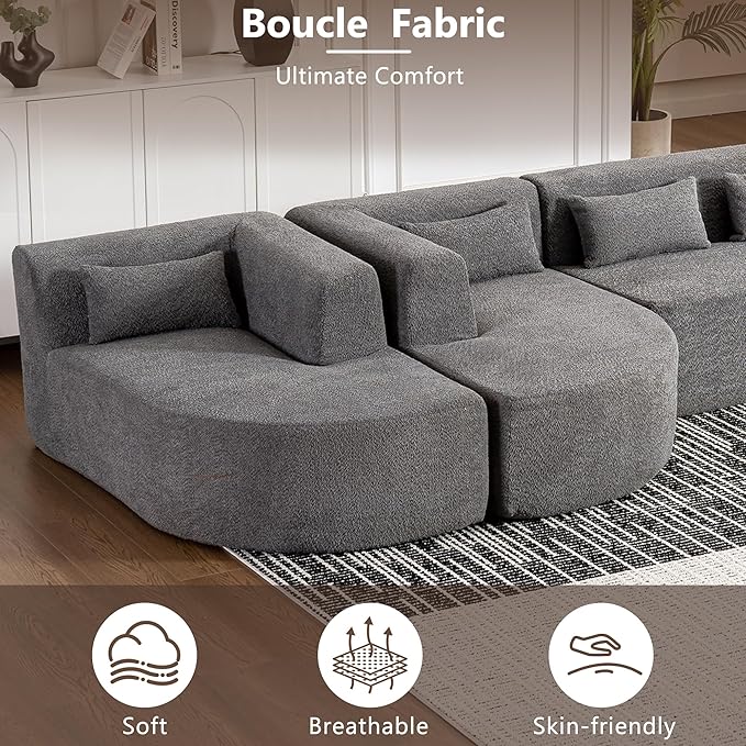 144 Sectional Sofa Modern U Shaped Couch Comfy Deep Seat Upholstered Sofa with 2 Chaise and 5 Back Pillows for Living Room Free-Combined Grey