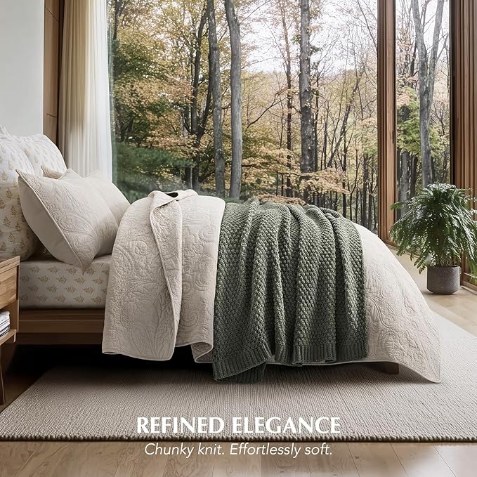 EVERGRACEHOME Chunky Chenille Knit Throw Blanket for Couch Soft Luxurious Moss Stitch Blankets for Bed Cozy Decorative Farmhouse Knitted Throws for Sofa Dried Thyme Green 50 x 60