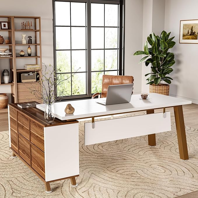 LITTLE TREE 70.8 Office Desk with 55 File Cabinet Combo L-Shaped Executive Desk with Storage Drawers &amp Shelves Wooden Home Office Desk Large Business Furniture White and Brown