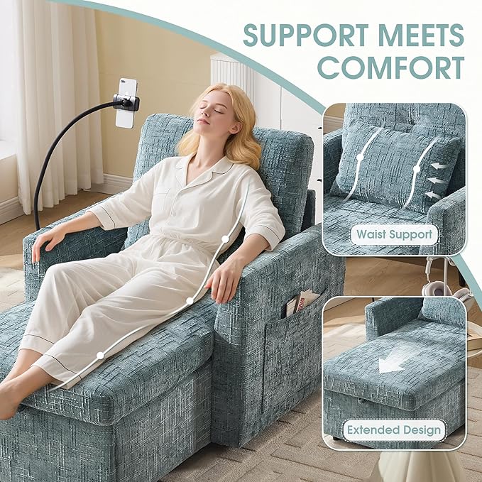 HOMEFUN Sleeper Chair Bed Lazy-Friendly Indoor Chaise Lounge with Storage Cell Phone Bracket Multifunctional Sofa for Bedroom Living Room Small Space Adults