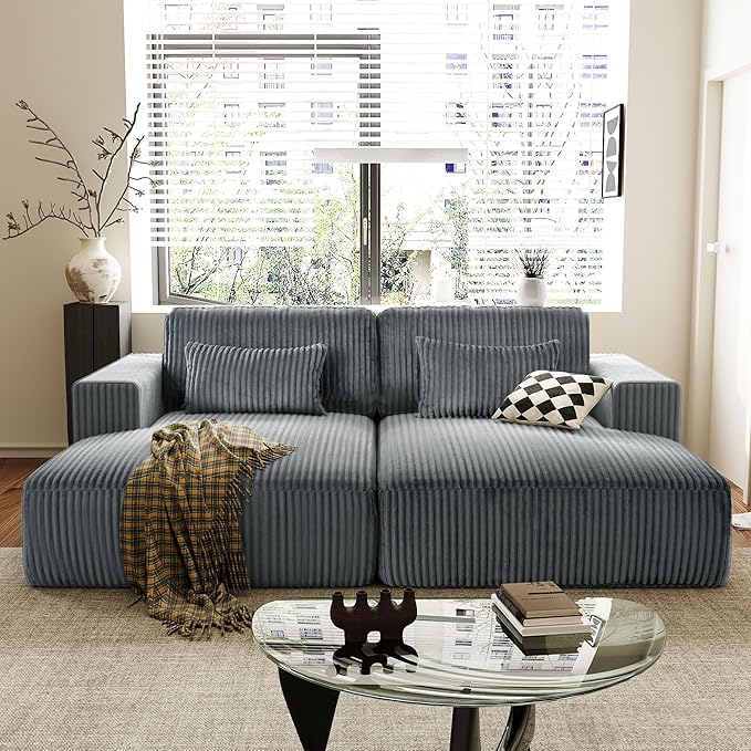 86-Inch Fluffy Corduroy Boneless Sleeper Daybed Loveseat Double Recliner Chaise Lounge Sofa Couches Floor Cloud Sofa Chaise W/4 Pillows for Home Apartment Living Room