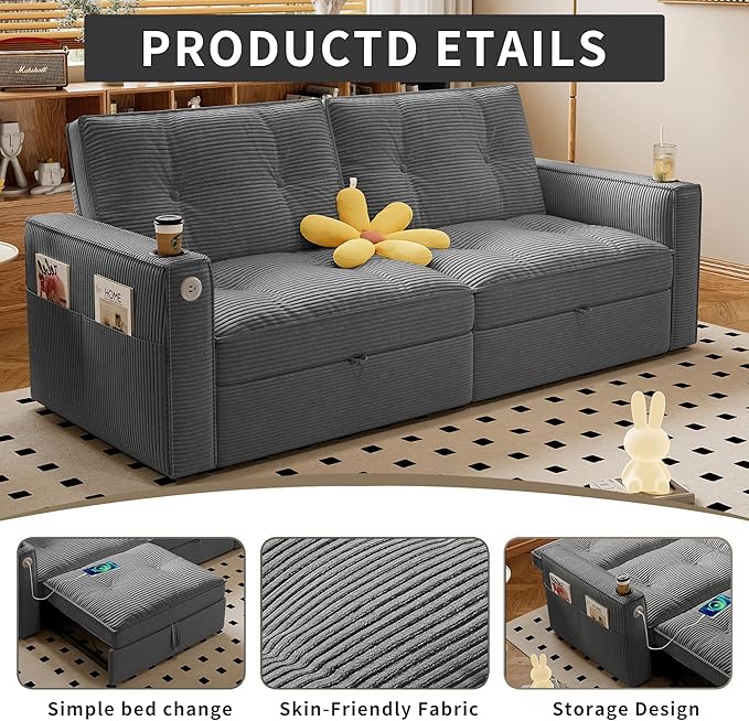 73 Queen Size Sofa Bed Loveseat Sleeper Sofa with Pull Out Bed Pockets and USB Modern 2 Seater Convertible Small Couch for Living Room Bedroom Apartment (Gray Corduroy)