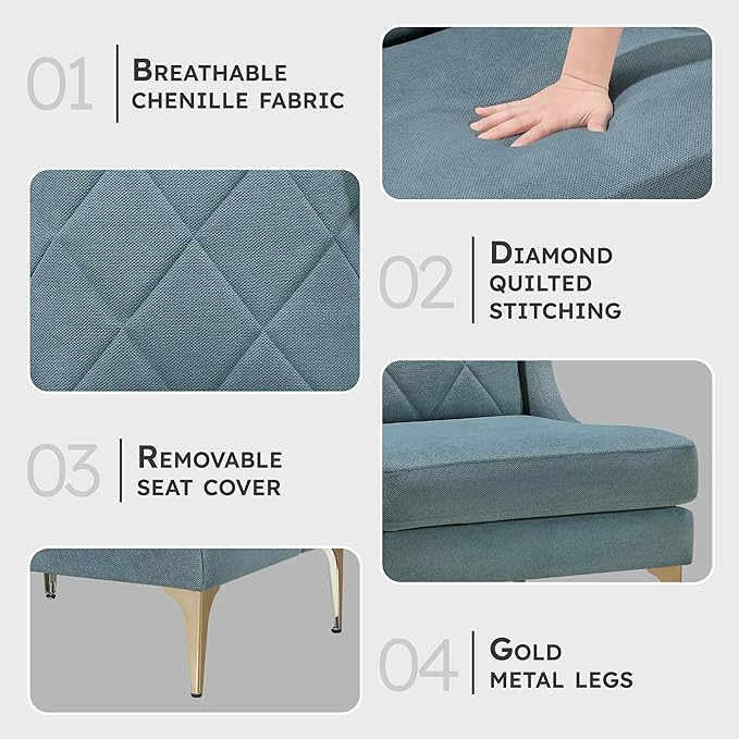 Lexicon Modern Accent Chair Living Room Chenille Upholstered Single Sofa Chair with Gold Metal Legs Wing Back &amp Diamond Stitched Back Armchair for Bedroom/Office/Waiting Room Blue