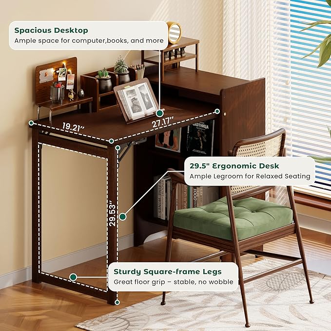 Bamboo Folding Desk for Small SpacesHidden Desk with Storage Shelf Foldable Computer Desk for Bedroom Home Office Mid Century Modern Fold Out Table Writing Table Walnut