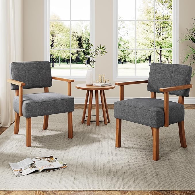 GarveeHome Linen Fabric Accent Chair Mid-Century Modern Armchair with Classic Vertical Stripe Reading Leisure Chair with Wood Frame for Living Room Grey