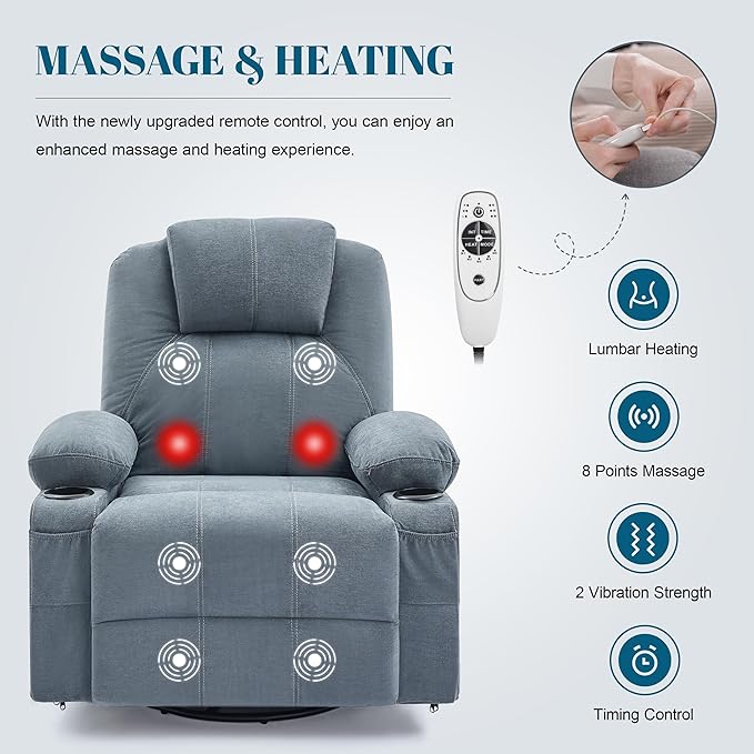 Swivel Rocker Recliner Chair with Heat and Massage Big Oversized Rocking Single Sofa for Living Room 360 Degree Swivel Recliner Chair with USB Port and Cup Holders (Fabric Blue)