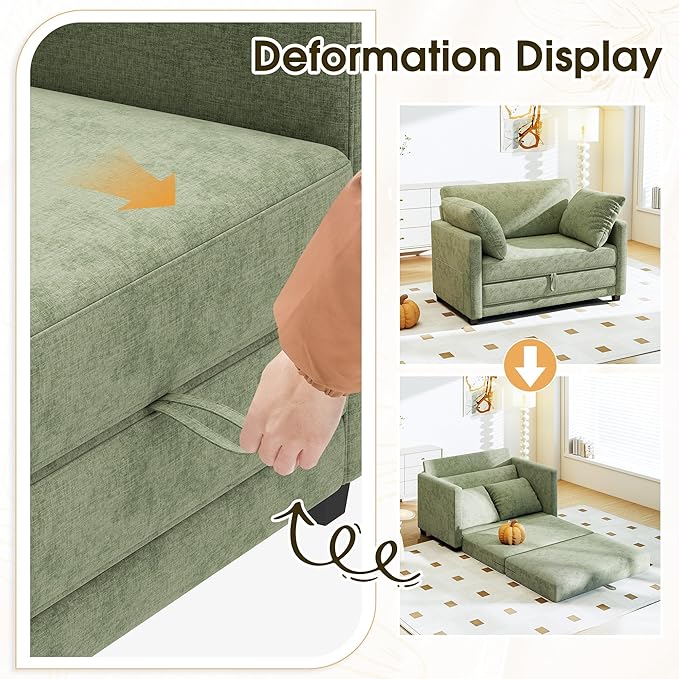 51 Convertible Loveseat Sofa Bed 2-in-1 Folding Sofa Bed with 2 Pillow for Small Spaces Modern Loveseat Compact Sleeper Couch for Apartment Living Room &amp Guest Room (Light Green)