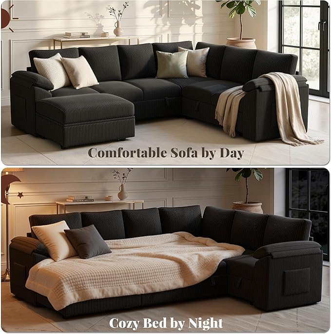 108 Inch Sectional Sleeper Sofa Bed with Pull Out Couch U Shaped 7 Seat Cloud Modular Sectional Sofa with Storage Corduroy Sectional Couches for Living Room Removable Sofa Cover Black
