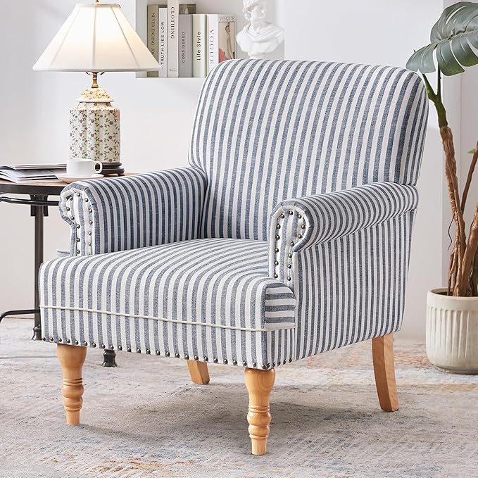 HUIMO Linen Fabric Accent Chair Mid-Century Modern Armchair with Solid Wood Legs Single Sofa ChairUpholstered Reading Club Chair (1 Dark Blue and White Stripe)