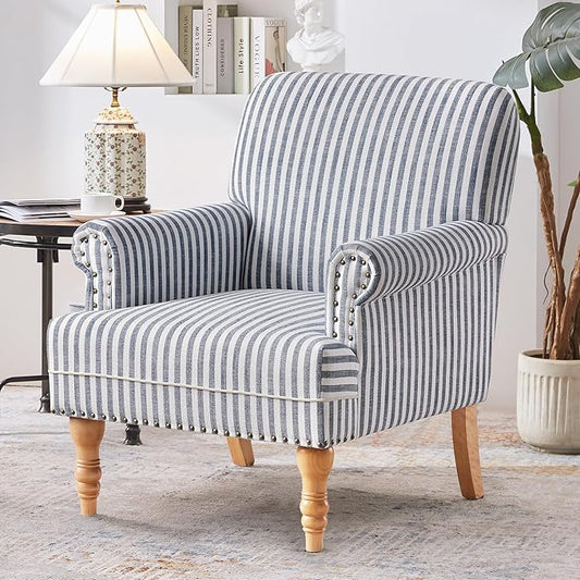 HUIMO Linen Fabric Accent Chair Mid-Century Modern Armchair with Solid Wood Legs Single Sofa ChairUpholstered Reading Club Chair (1 Dark Blue and White Stripe)