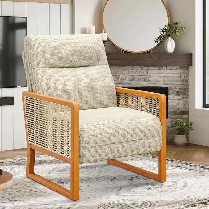HAOBO Home Modern Accent Chair Linen Upholstered Armchair Living Room Chairs with Rattan Armrest Lounge Side Chairs Office Chair Beige