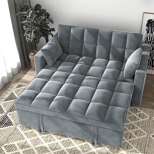 Sleeper Sofa Couch Bed 55.9'' Convertible Velvet Loveseat 3 in 1 Pull Out Sofa Bed with Toss Pillows Pockets Furniture for Living Room Gray