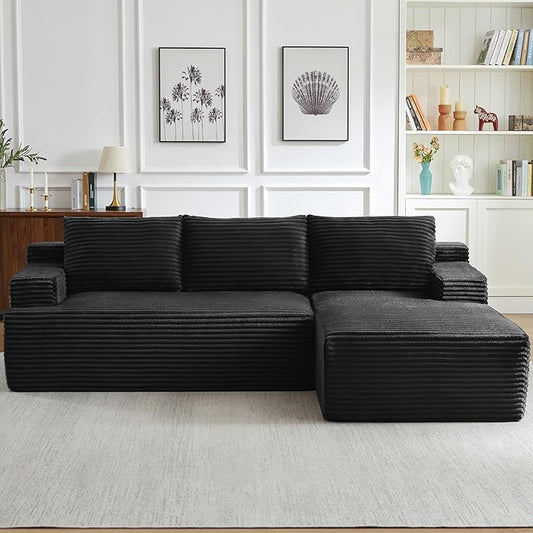 Modern Corduroy Modular Sectional Sofa96.1 Minimalist Style L-Shaped 3 Seat Couch with Side Storage PocketsComfortable Chaise Lounge for Living RoomReception AreaBlack Right Chaise Lounge