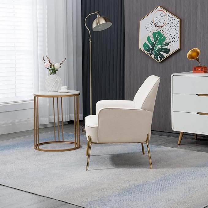 Velvet Accent Chair for Living Room Bedroom Office - Leisure Upholstered Single Sofa Arm Chair - Comfy Reading Club Coffee Chair with Metal Legs (Beige)