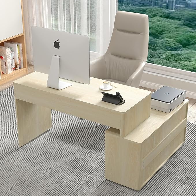 Modern Computer PC Desk Table with Storage Corner L Shaped Desk with Drawers Home Office Desk for Bedroom and Small Space for Writing Executive Study Work Vanity - Natural