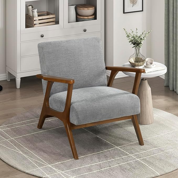 Lexicon Mid-Century Modern Accent Chair Woven Chenille Fabric Lounge Chair Chestnut Solid Wood Frame Wide Arm Rest and Cushioned Comfort for Living Room/Office/Bedroom/Reading Nook Gray