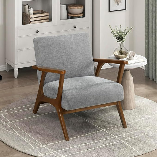 Lexicon Mid-Century Modern Accent Chair Woven Chenille Fabric Lounge Chair Chestnut Solid Wood Frame Wide Arm Rest and Cushioned Comfort for Living Room/Office/Bedroom/Reading Nook Gray