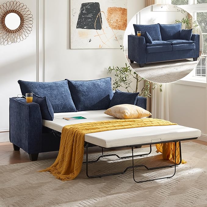 Brelice 65 Pull Out Sofa Bed Sleeper Sofa Couch 2-in-1 Convertible Chenille Loveseat with USB Charging Port and Memory Foam Mattress Full Size Pullout Bed for Living Room Apartment or Office