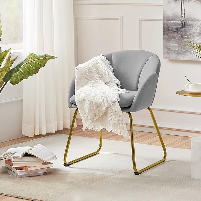 Yaheetech Flower Shape Velvet Vanity Chair Modern Side Chair Armchair with Golden Metal Legs for Living Room/Dressing Room/Bedroom/Home Office/Kitchen Gray