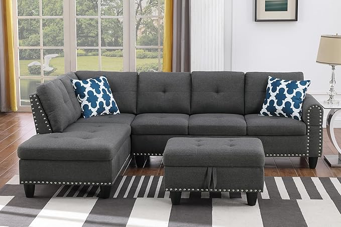 98 L-Shaped Sectional Couch with Storage Ottoman and Left Facing ChaiseLinen Upholstered Sofa with 2 Cup Holders and 2 Throw Pillows for Living RoomDark Grey