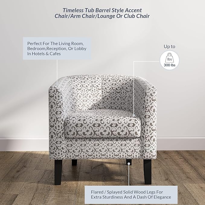 BELLEZE Accent Barrel Chair Linen Round Chair Club Tub Sofa Corner Chair with Flared Legs and Cozy Soft Padding for Living Room Bedroom Waiting Room - White &amp Brown