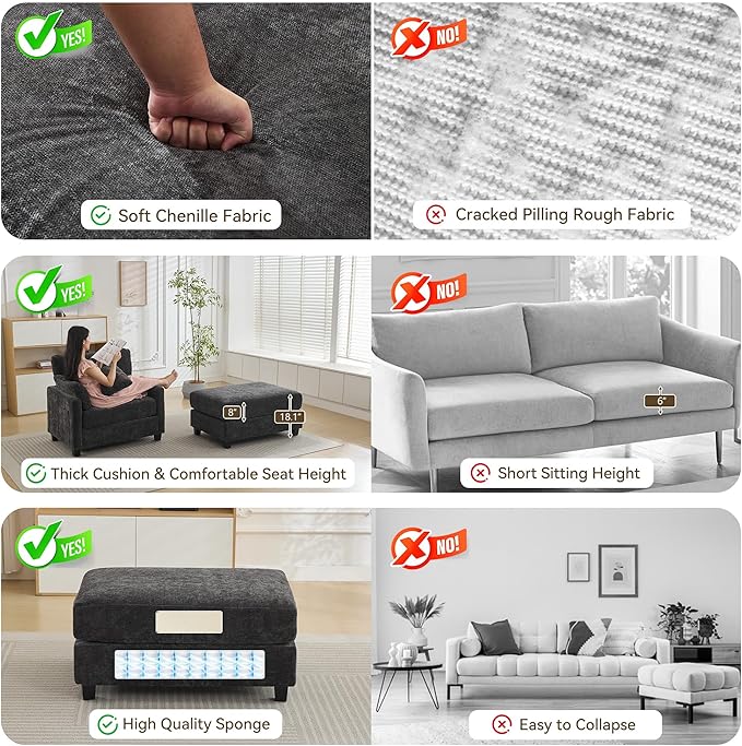 57.5 Oversized Chaise Lounge with Ottoman Indoor Grey Reading Chair with Ottoman &amp Sofa Bed Chenille Upholstered Comfy Sleeper Chair for Living Room Bedroom Office