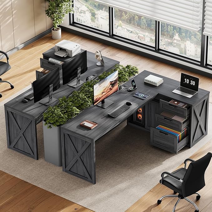 Farmhouse L Shaped Office Desk with Drawers 78 Inch L Shape Desk Executive Office Desk with File Cabinet Storage Shelves and Power Outlets for Home Office Dark Grey
