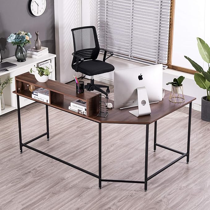 ivinta L-Shaped Computer Office Desk Modern Gaming Corner Desk with Monitor Stand Home Office Study Writing Table Workstation for Small Spaces 6404 (Brown)