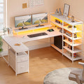 Computer Desk with 6 Storage Shelves &amp 2 Fabric Drawers63'' L Shaped Gaming Desk with Power Outlet &amp LED Strip Reversible Office Desk with Monitor Stand White