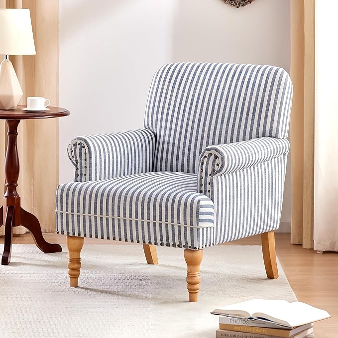 HUIMO Linen Fabric Accent Chair Mid-Century Modern Armchair with Solid Wood Legs Single Sofa ChairUpholstered Reading Club Chair (1 Dark Blue and White Stripe)